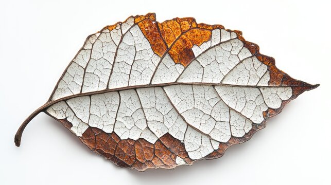 Cracked decorative autumn leaf with intricate patterns isolated on white background showcasing seasonal texture and color variation