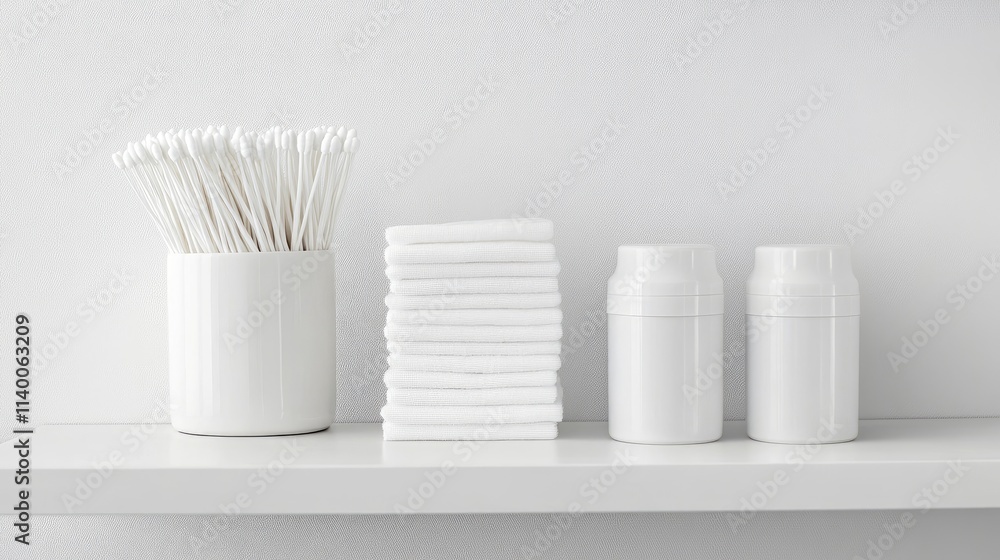 Poster Minimalist bathroom shelf with cotton swabs and neatly stacked towels in white containers on a clean white background