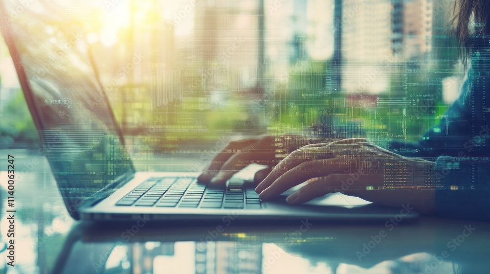Poster a person typing on a laptop with a cityscape in the background, symbolizing technology use.
