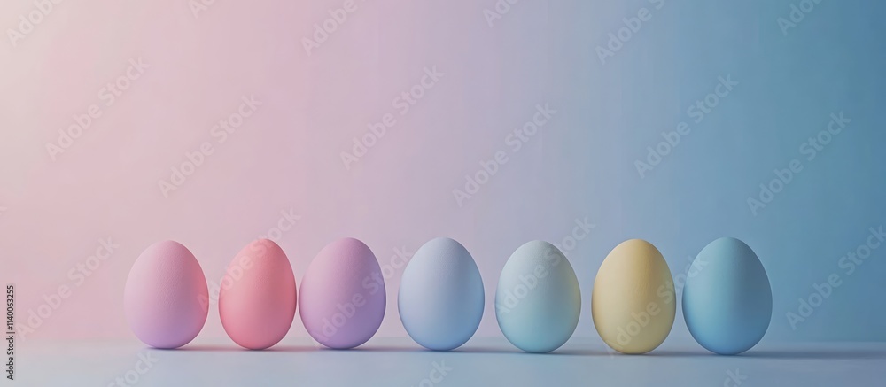 Poster pastel colored easter eggs arranged in a row with soft gradient background and ample copy space for 