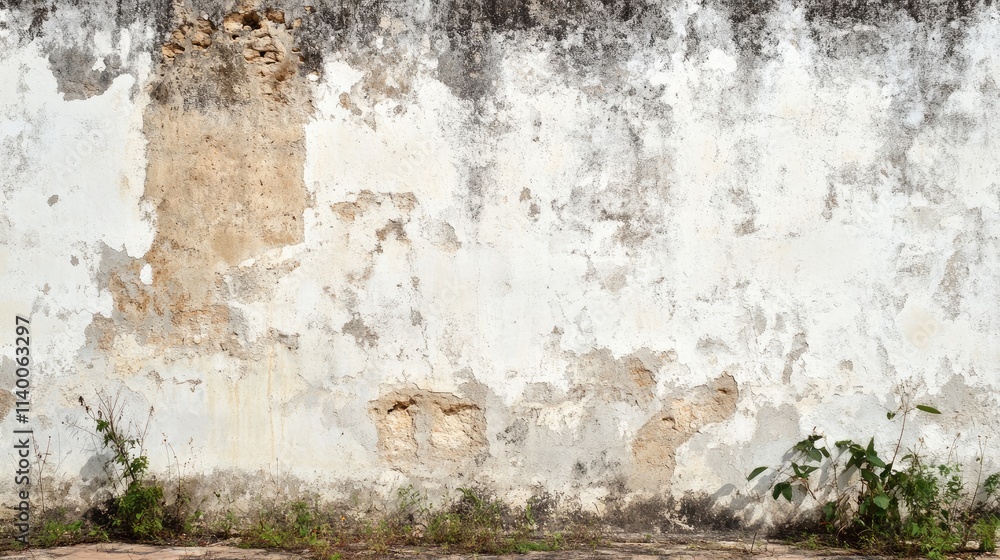 Aufkleber weathered white concrete wall with peeling texture and natural overgrowth for background or architec