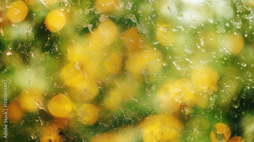 Aufkleber blurry abstract background of dirty glass texture with water droplets and vibrant yellow flower refl