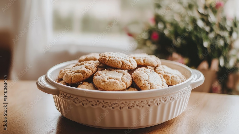 Poster delicious fresh baked cookies arranged in a rustic dish with a cozy background and a hint of greener