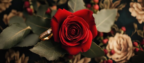 Elegant dark red rose boutonniere with gold rings on a floral backdrop ideal for wedding accessories and ceremony floral design.