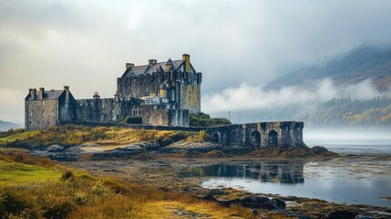 Scenic view of a distant medieval castle surrounded by lush greenery and serene waters in a misty landscape.