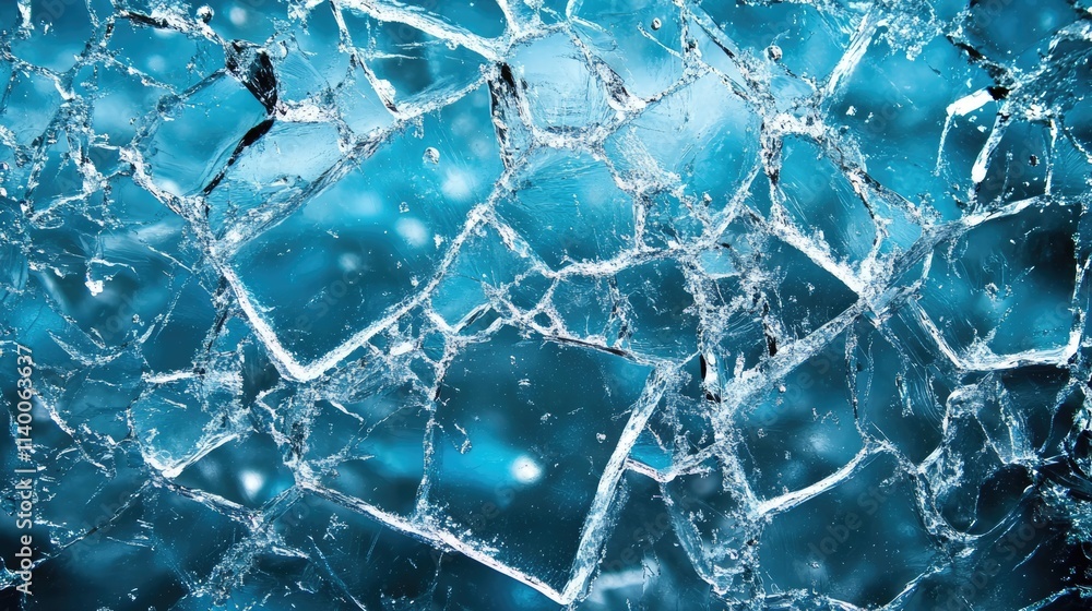 Aufkleber cracked ice texture on frozen water surface with vibrant blue tones creating an abstract winter back