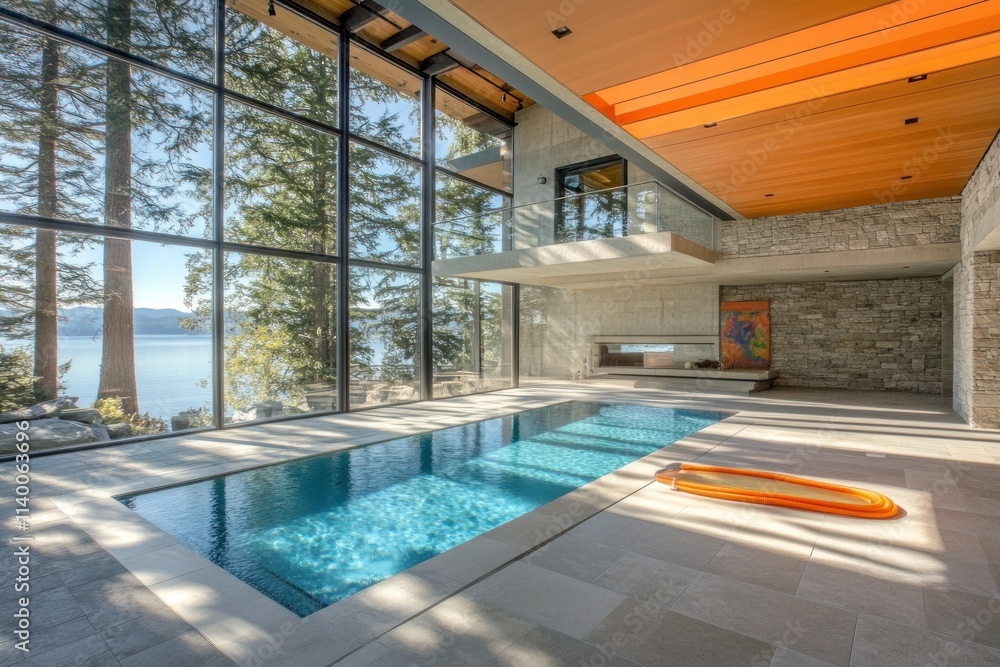 Poster a modern indoor pool area with large windows overlooking a scenic lake and trees.