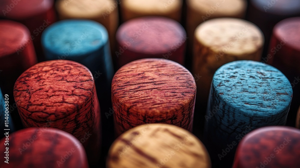 Poster Colorful wine corks arranged closely on a textured red and blue backdrop showcasing their unique patterns and hues for artistic visual appeal.