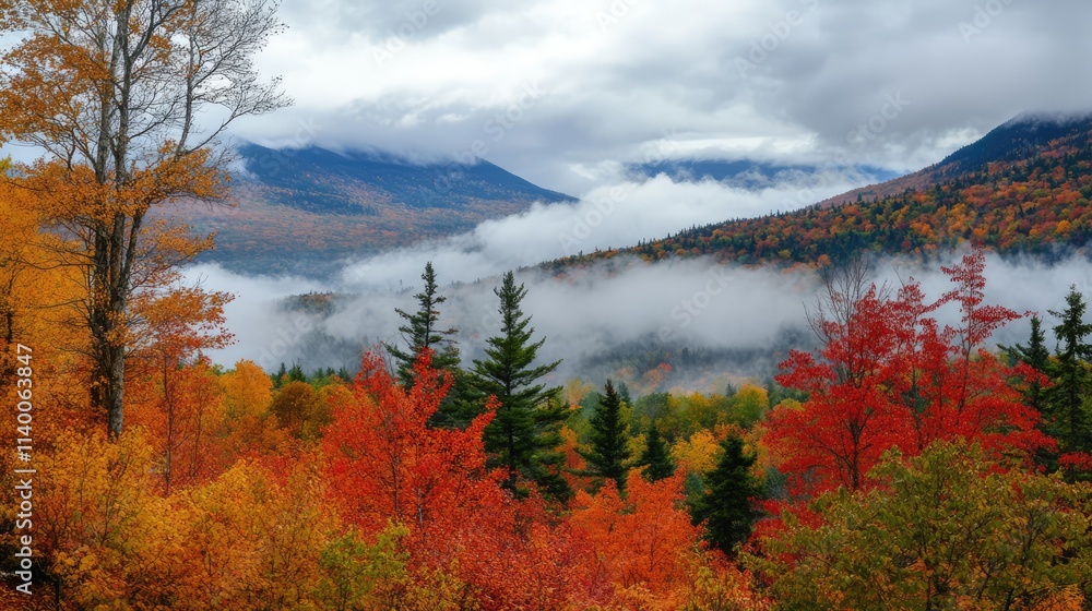 Poster autumn landscape with colorful trees and fog enveloping mountain peaks creating a serene natural atm