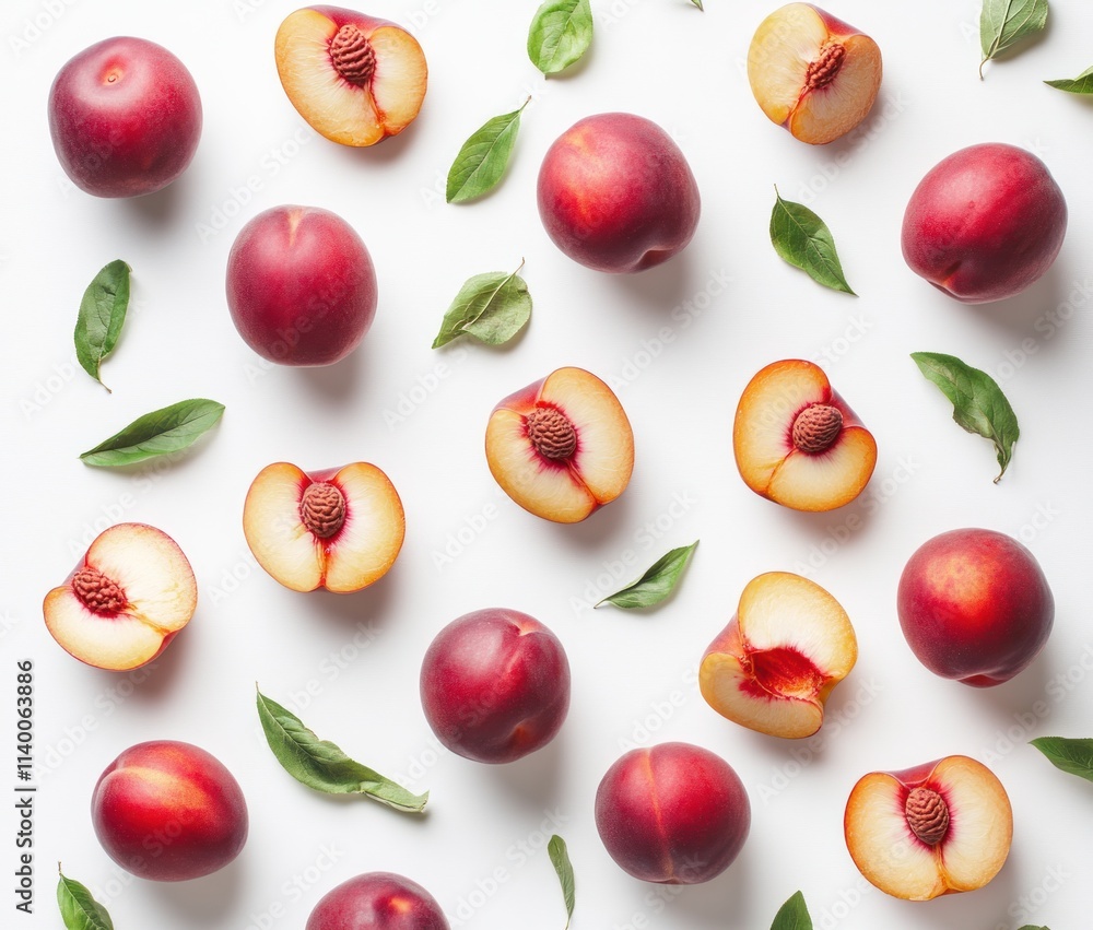 Poster A vibrant arrangement of whole and halved nectarines with fresh basil leaves on a white background.