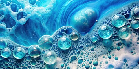 Aerial drone view: ethereal blue bubbles, luxurious skincare products showcased in a cosmetic setting.