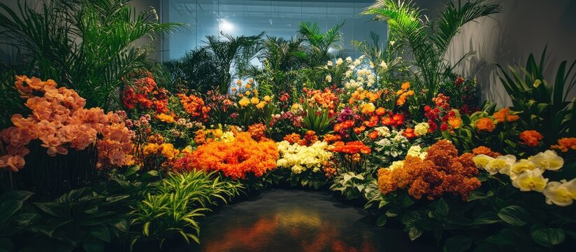 Vibrant Floral Display at a Commercial Silleta Flower Exhibition Showcasing a Colorful Array of Orchids and Tropical Plants