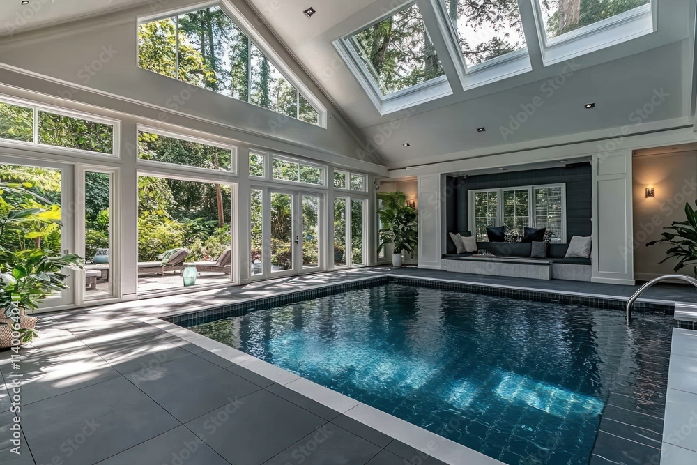 Poster indoor pool area with large windows and natural light, surrounded by greenery.