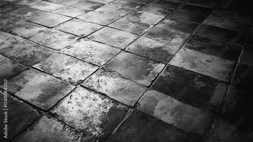 Poster Textured grunge cement floor with dark tones and weathered tiles creating a moody and industrial atmosphere suitable for various design projects