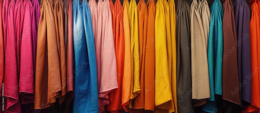 Poster colorful display of fabric swatches arranged neatly in rows showcasing a variety of vibrant hues and