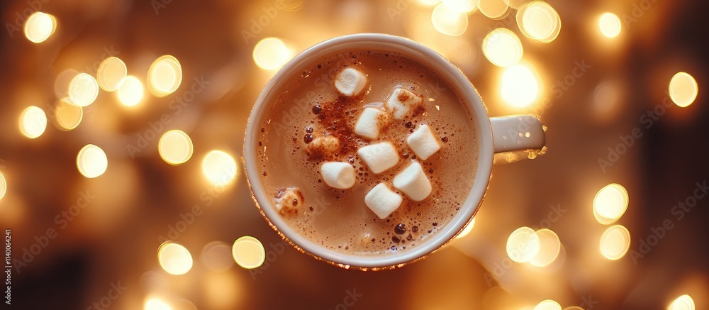 Poster hot cocoa with marshmallows on a festive background of lights and decorations viewed from above with