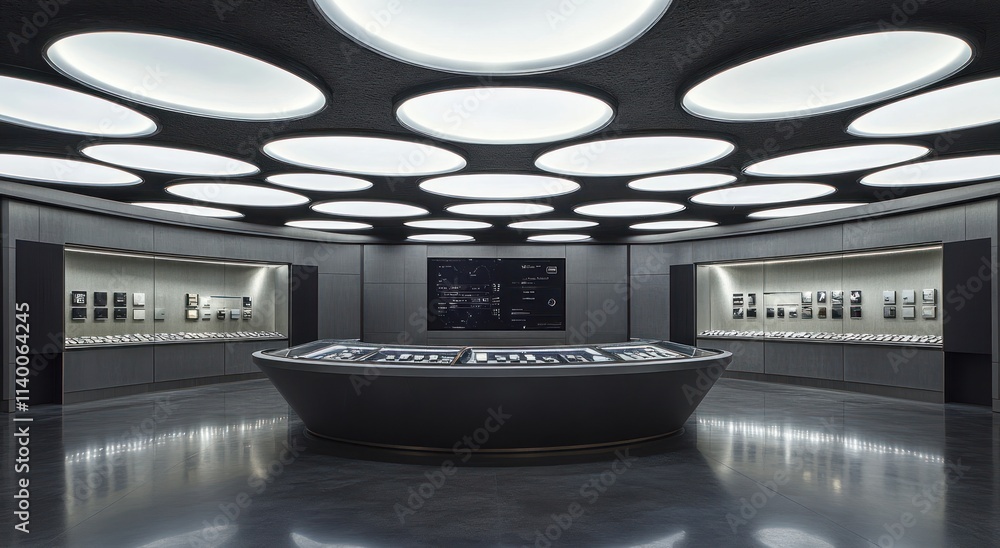 Aufkleber modern exhibition space with circular lighting and display panels for showcasing information.