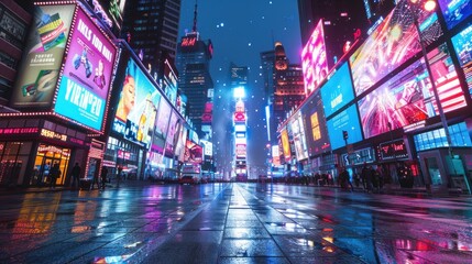 Obraz premium Rainy Night in Times Square: A symphony of neon lights reflecting on wet pavement, vibrant