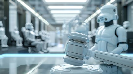AI Law and Justice: Robot Judge with Gavel in Futuristic Courtroom