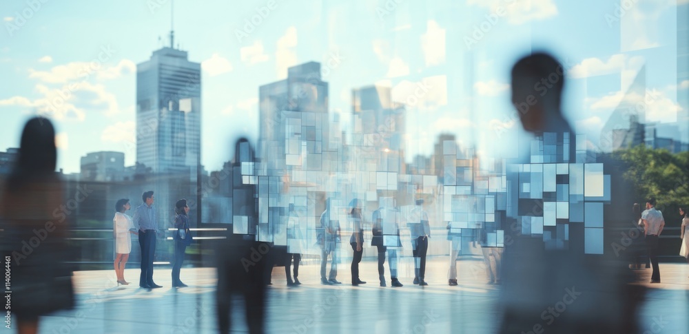 Fototapete A group of professionals networking in an urban setting with a modern cityscape backdrop.