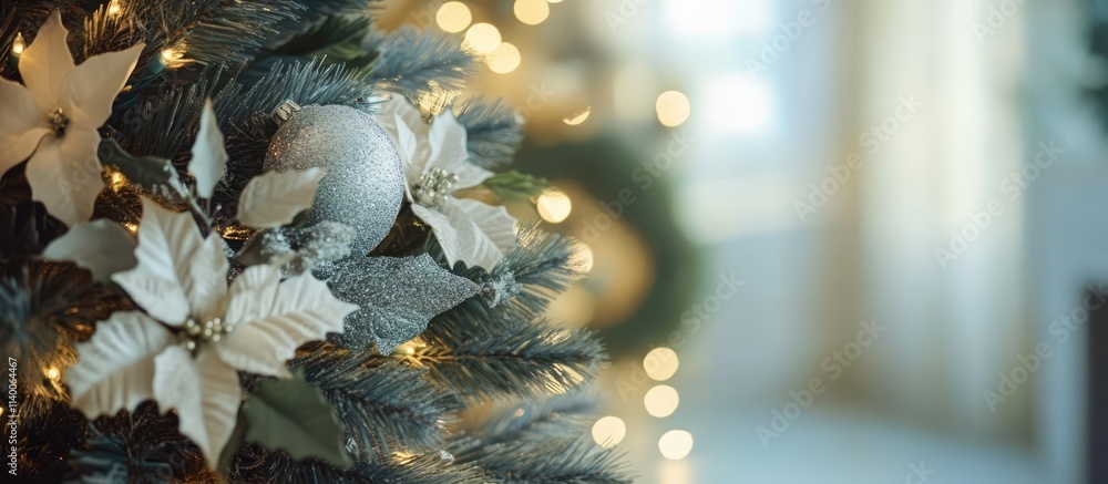 Poster christmas tree decorations featuring bokeh lights and a festive wreath creating a warm holiday atmos