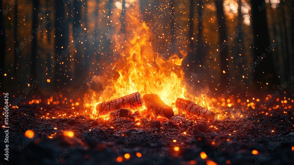 Poster majestic campfire glowing with burning embers surrounded by a serene forest backdrop creating a cozy