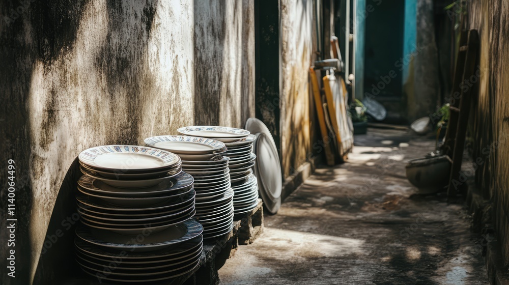 Poster stacked dirty plates in a narrow alleyway showcasing textured walls and natural sunlight creating an