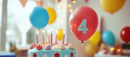 Colorful birthday celebration setting featuring a cake with candles and balloons for a child's fourth birthday party.