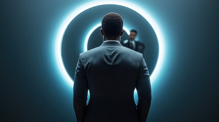 A man looking at his reflection in a glowing circle, contemplating his future, career, or personal development.