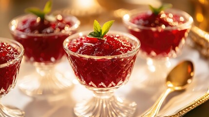 Cranberry jelly served in elegant crystal glasses garnished with mint leaves on a decorative platter
