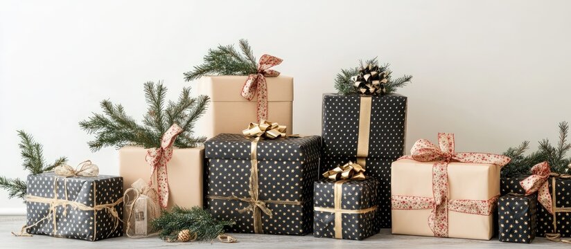 Elegant collection of beautifully wrapped gift boxes with seasonal decorations and green pine branches on a neutral backdrop