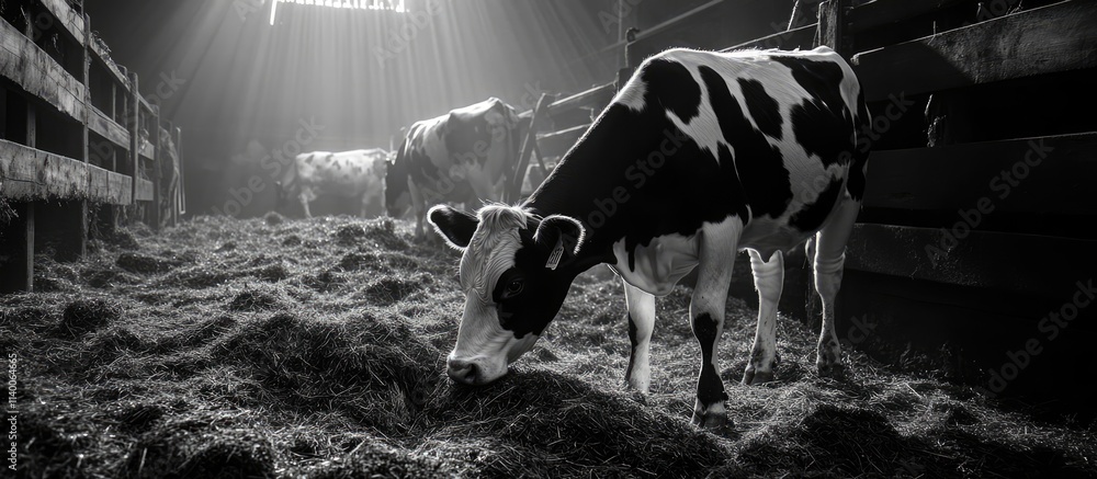 Poster cows feeding on hay in a rustic farm stable illuminated by soft light in a classic black and white s