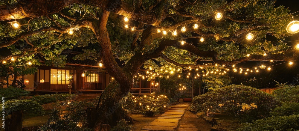 Poster twinkling decorative outdoor string lights create a magical ambiance in a nighttime garden setting b