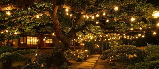 Twinkling decorative outdoor string lights create a magical ambiance in a nighttime garden setting beneath a beautifully lit tree.