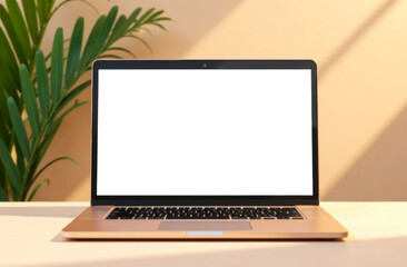 Fototapeta premium mockup of a brown case laptop display standing on a brown table next to a palm tree branch