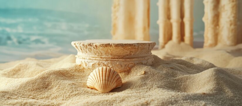 Decorative plaster podiums and a seashell on sandy beach with soft ocean waves in the background highlighting coastal tranquility and elegance