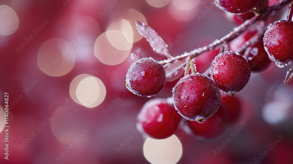 Poster close up of fresh cranberries on a branch with frost against a blurred bokeh background showcasing r