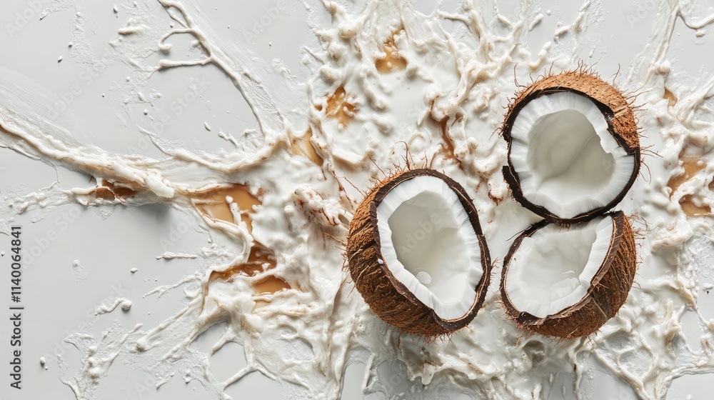 Aufkleber cracked coconuts with splashes of coconut milk creating a dynamic and vibrant composition on a brigh