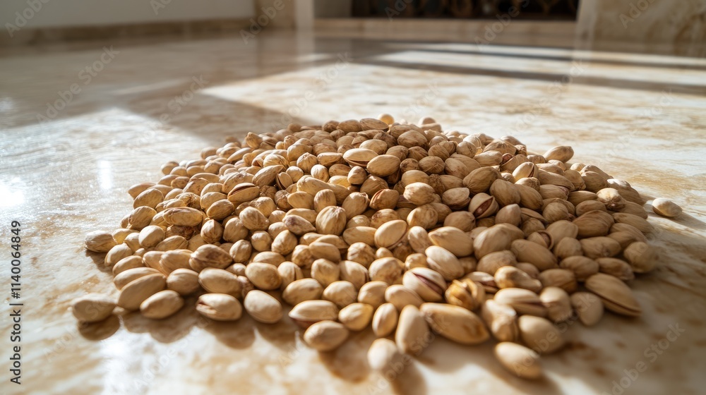 Poster raw pistachios scattered on a marble floor showcasing organic nuts in bulk highlighting natural agri