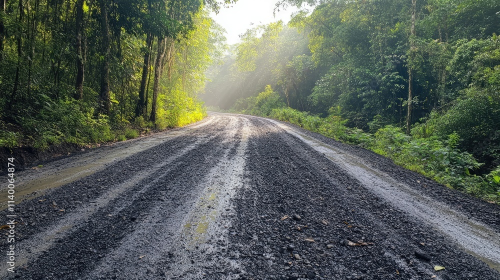 Poster gravel road winding through lush green forest with wet trees and sun rays illuminating the scene cre