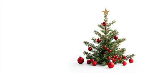 Christmas tree decoration with red ornaments and a star on a white background showcasing a festive and elegant holiday theme.