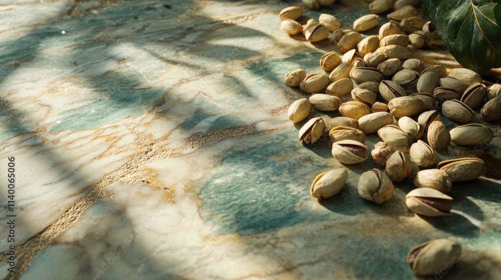 Poster raw pistachios scattered on a marble surface showcasing natural agriculture and organic farming with