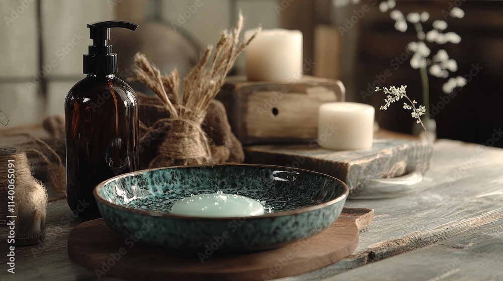 Poster Elegant dish with soap dispenser and wisp styled decor on rustic table setting showcasing natural elements and soothing ambiance