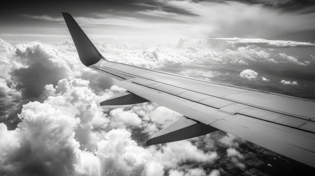 Aerial view of clouds from an airplane wing in black and white tones highlighting the vastness of the sky and contrasting textures.