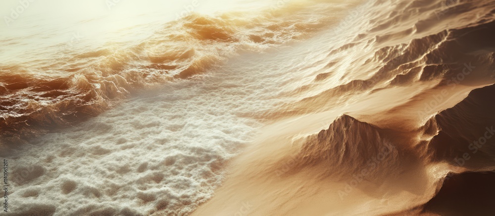 Poster turbulent sea waves crashing on a sandy beach with a dramatic promontory in the background creating 
