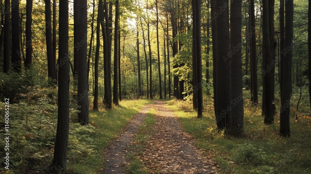 Poster serene forest pathway surrounded by tall trees and autumn foliage under soft natural light