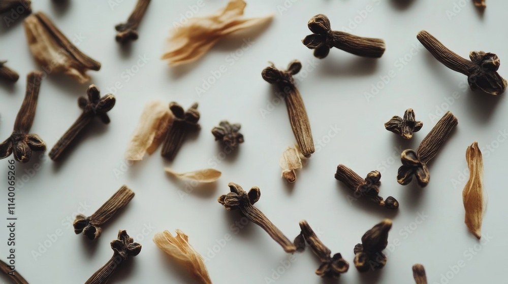Poster dried cloves scattered on a white surface showcasing their unique shapes and textures highlighting n
