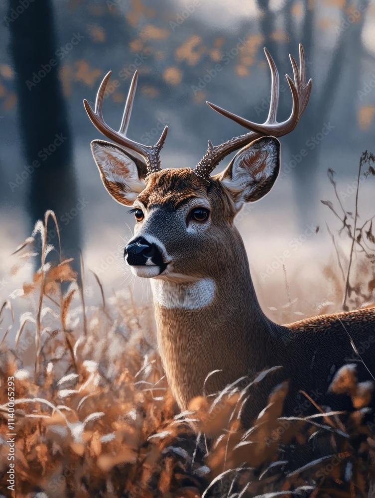 Poster a close-up of a deer in a misty forest setting, surrounded by autumn foliage.