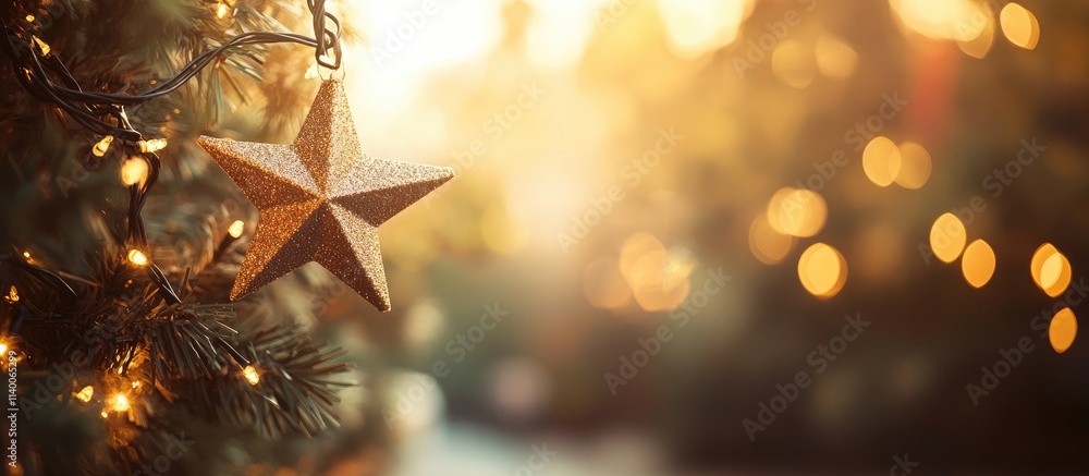 Poster decorative star ornament against a blurred tree background creating a warm and festive atmosphere fo