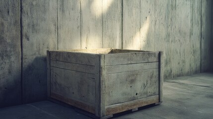 Weathered wooden crate against a concrete wall in an industrial setting suitable for construction or artistic purposes